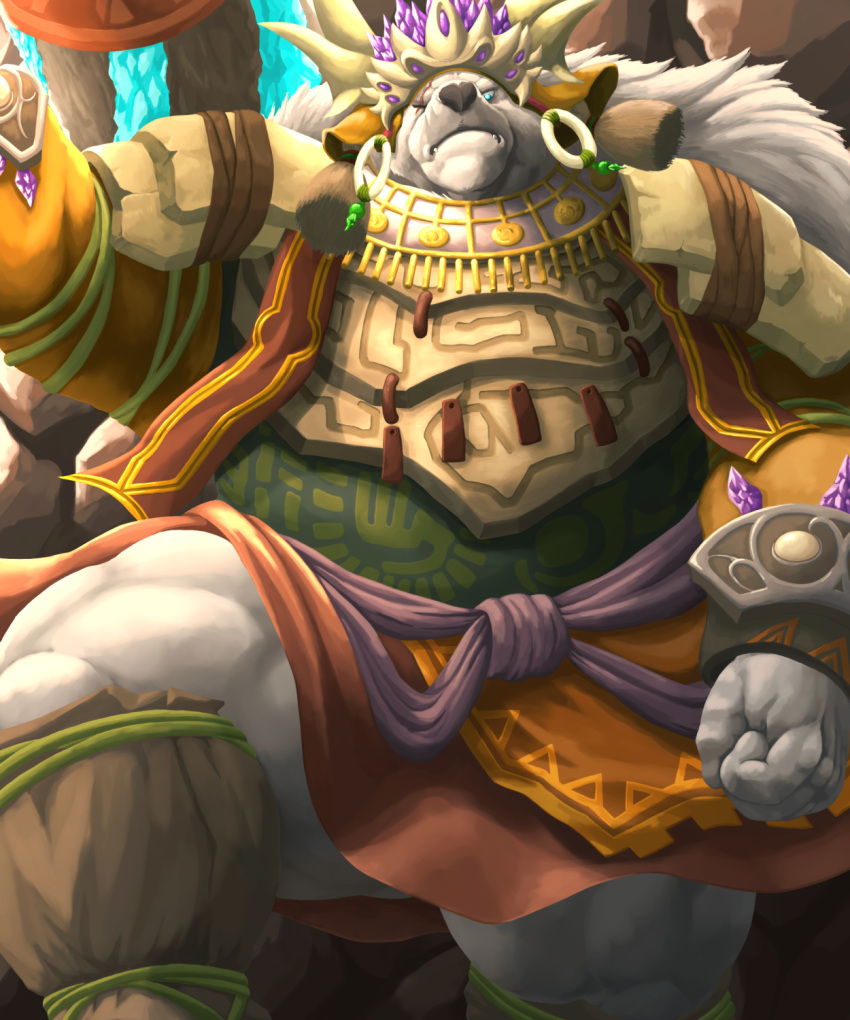 2019 anthro armor biped black_nose blue_eyes clothed clothing crown crushfang_(sdorica_sunset) dendoro facial_scar fist frown fully_clothed fur hi_res humanoid_hands jewelry male mammal one_eye_closed overweight overweight_male polar_bear scar sdorica sdorica_sunset solo ursid ursine white_body white_fur