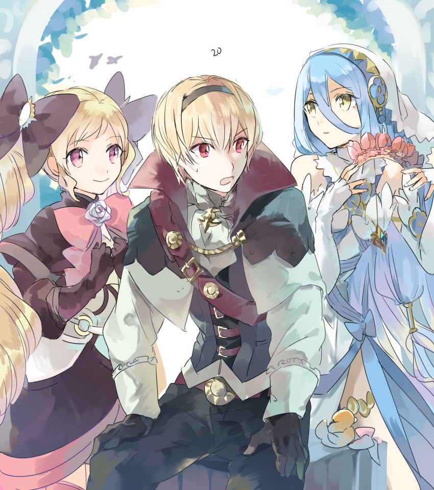 1boy 2girls azura_(fire_emblem) black_bow black_gloves black_hairband blonde_hair blue_hair bow brother_and_sister closed_mouth dress elbow_gloves elise_(fire_emblem) fingerless_gloves fire_emblem fire_emblem_fates fire_emblem_heroes gloves hair_between_eyes hair_bow hairband highres hukashin jewelry leo_(fire_emblem) long_hair long_sleeves multiple_girls necklace open_mouth pendant purple_eyes red_eyes short_hair siblings smile twintails veil white_gloves yellow_eyes