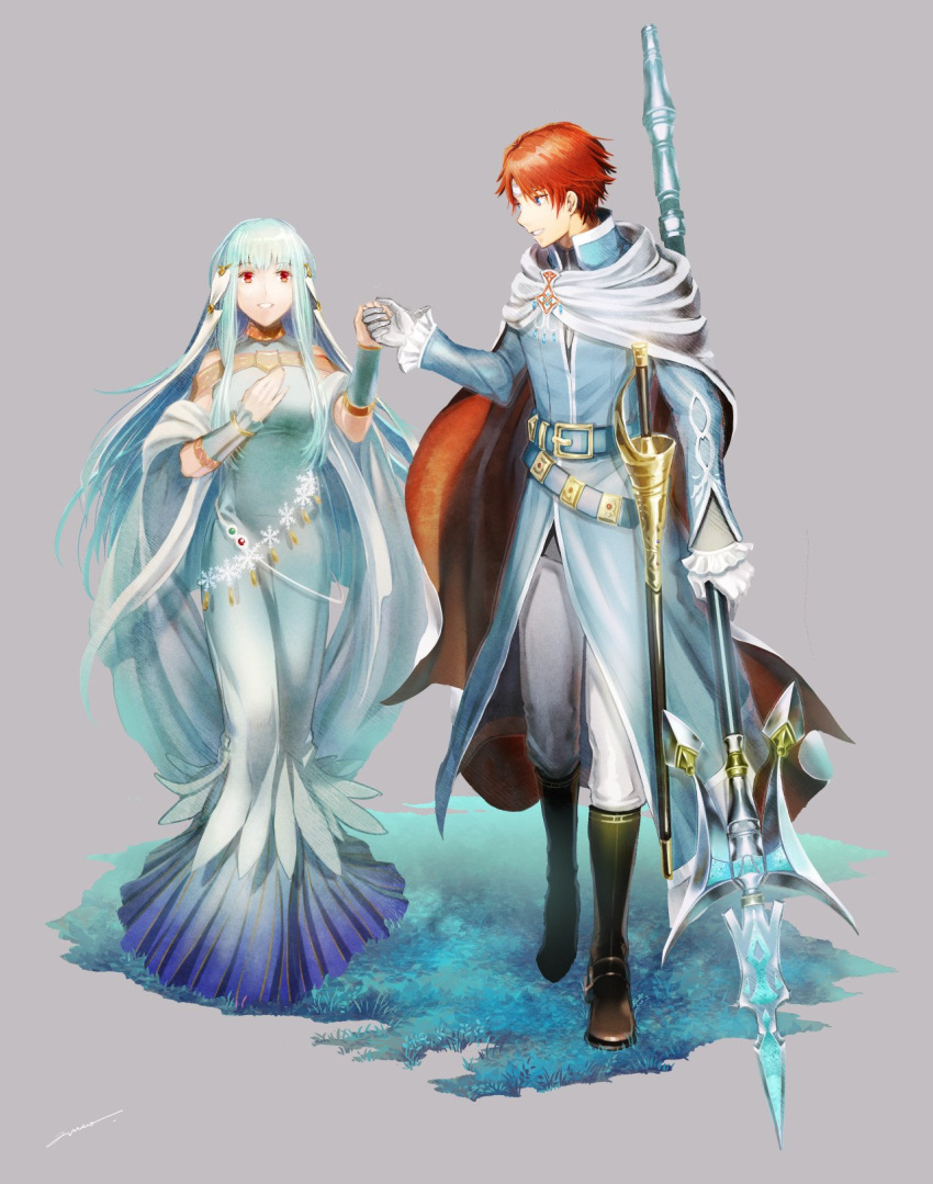 1boy 1girl amatari_sukuzakki belt blue_eyes blue_hair boots cape dress eliwood_(fire_emblem) fire_emblem fire_emblem:_the_blazing_blade fire_emblem_heroes gloves grey_background highres holding holding_hands holding_weapon knee_boots long_hair long_sleeves looking_to_the_side ninian_(fire_emblem) polearm red_eyes red_hair short_hair simple_background weapon white_gloves