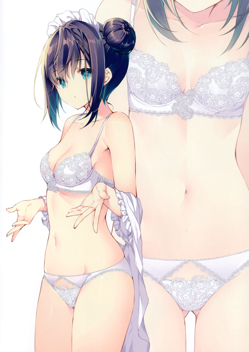 1girl absurdres ass_visible_through_thighs bangs bare_shoulders black_hair blue_eyes bra breasts cleavage collarbone eyebrows_visible_through_hair hair_bun hair_ornament highres looking_at_viewer maid_headdress miwabe_sakura navel off_shoulder original panties scan shiny shiny_hair shiny_skin sidelocks simple_background small_breasts solo stomach thighs tied_hair underwear underwear_only white_background white_bra white_panties zoom_layer
