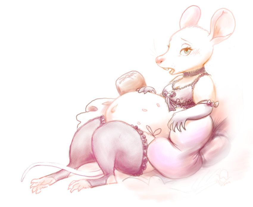 2018 anthro belly big_belly blush bow bra breasts clothed clothing digital_media_(artwork) feet female fur green_eyes hi_res hindpaw legwear lingerie looking_at_viewer mammal mouse multi_nipple murid murine nipples oddwilds open_mouth paws pregnant rodent simple_background solo stockings thigh_highs underwear