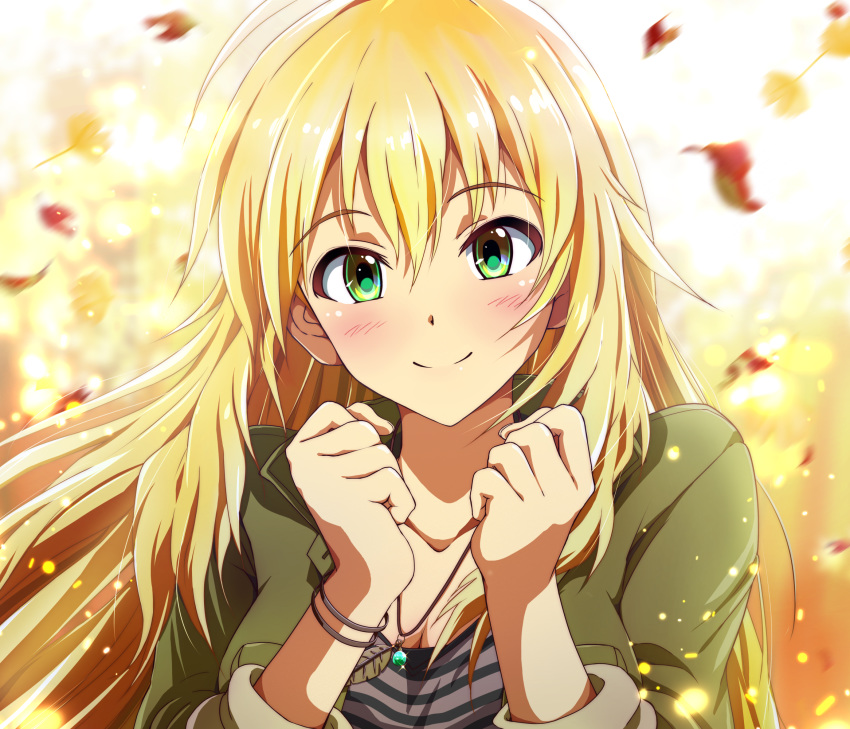 1girl autumn_leaves bangs blonde_hair blurry blurry_background blush breasts cleavage clenched_hands closed_mouth collarbone commentary_request day depth_of_field eyebrows_visible_through_hair falling_leaves glint green_eyes green_jacket highres hina_(araburu-hinadori) hoshii_miki idolmaster idolmaster_(classic) jacket jewelry leaf light_particles long_hair long_sleeves looking_at_viewer medium_breasts motion_blur necklace open_clothes open_jacket outdoors pendant shirt smile solo striped striped_shirt tareme upper_body wristband