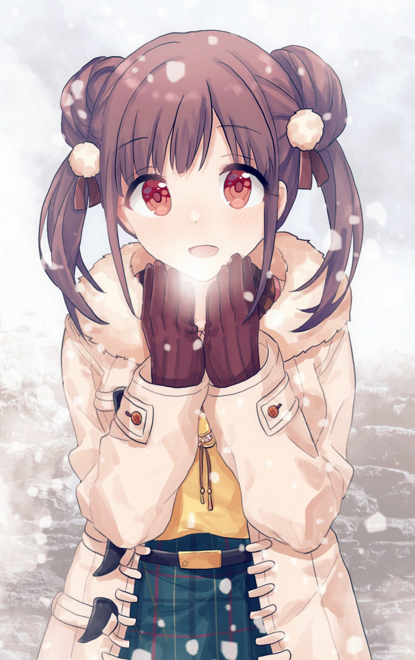 1girl :d bangs belt belt_buckle black_belt blush breathing_on_hands brown_coat brown_eyes brown_gloves brown_hair buckle coat double_bun eyebrows_visible_through_hair gloves gocoli green_skirt hair_ornament hands_up highres idolmaster idolmaster_shiny_colors looking_at_viewer open_clothes open_coat open_mouth plaid plaid_skirt shirt skirt smile snowing solo sonoda_chiyoko twintails yellow_shirt