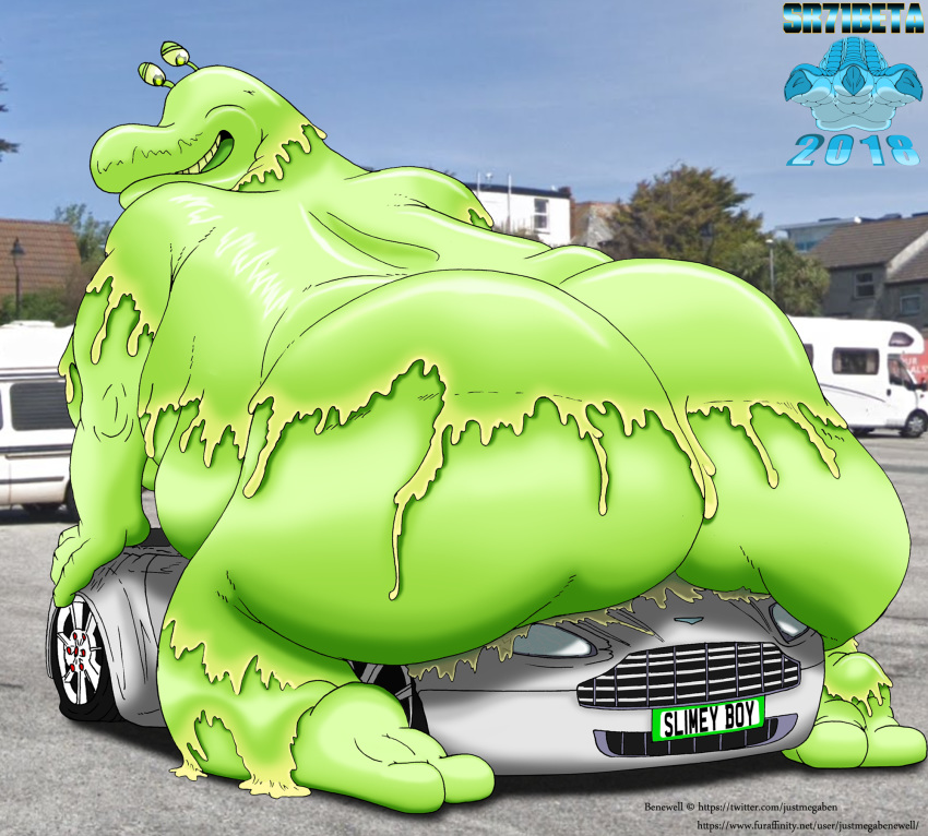 anthro astonmartin benewell big_(disambiguation) butt car carpark crush gastropod gooey heavy hi_res invalid_tag justmegagabewell mollusk obese overweight slime slug slug_(justmegabenewell) solo sr71beta teasing vehicle vehicles