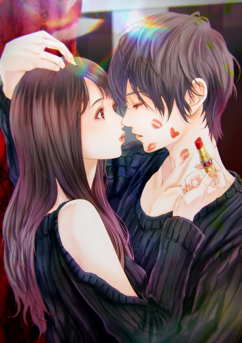 1boy 1girl bare_shoulders black_sweater brown_eyes brown_hair commentary_request couple fingernails half-closed_eyes hand_on_another's_head hand_up heart hetero highres holding_lipstick_tube imminent_kiss kinoebi lipstick lipstick_mark lipstick_tube long_hair long_sleeves looking_at_another makeup original parted_lips profile purple_hair ribbed_sweater shoulder_cutout sweater upper_body