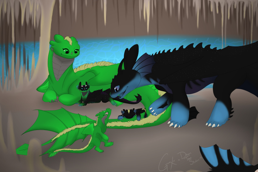 absurd_res cave dragon dreamworks family female hatchlings hi_res how_to_train_your_dragon inside light_fury male night_fury nightlight puff_moonwatcher scalie starglider western_dragon