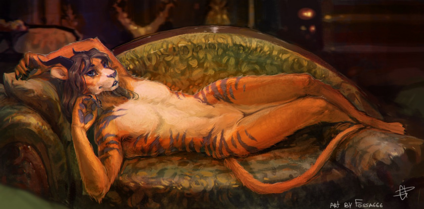 andromorph anthro barely_visible_genitalia barely_visible_pussy black_nose black_pawpads blue_eyes countershading detailed detailed_background digitigrade felid fossa666 fur horn intersex lying mammal nude on_couch orange_body orange_fur pantherine pawpads pussy solo striped_body striped_fur stripes thaylen tiger whiskers