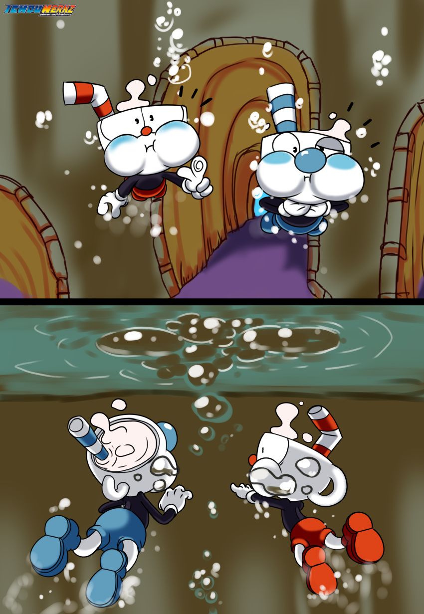 absurd_res air_bubbles asphyxiation brother bubble cuphead_(character) cuphead_(game) drowning duo for_a_head hi_res holding_breath ichduhernz male mugman peril puffed_cheeks sibling underwater video_games water