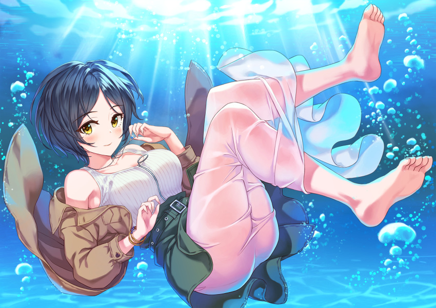 1girl air_bubble ass bangs bare_shoulders barefoot beige_jacket belt blue_hair blush breasts bubble cleavage closed_mouth green_skirt hayami_kanade hhama highres idolmaster idolmaster_cinderella_girls jacket jewelry large_breasts layered_skirt legs long_skirt looking_at_viewer necklace off_shoulder open_clothes open_jacket parted_bangs shirt short_hair skirt sleeveless sleeveless_shirt smile soles solo toes underwater white_shirt white_skirt yellow_eyes