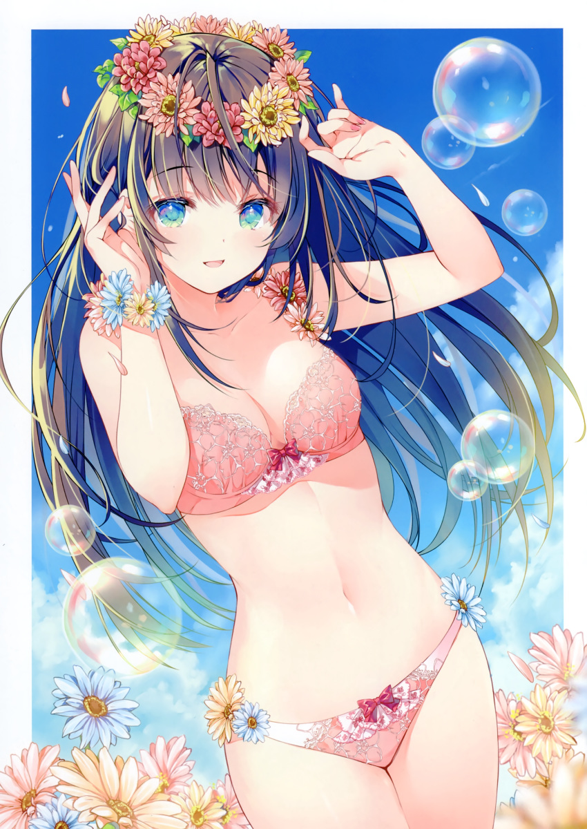 1girl absurdres bangs bare_shoulders blue_eyes blue_sky bow bow_bra bow_panties bra breasts brown_hair bubble cleavage cloud collarbone day eyebrows_visible_through_hair fingernails flower flower_bracelet hair_ornament hands_up head_wreath highres long_hair looking_at_viewer medium_breasts miwabe_sakura nail_polish navel open_mouth original outdoors panties pink_bra pink_flower pink_nails pink_panties scan shiny shiny_hair sky smile solo stomach thighs underwear underwear_only