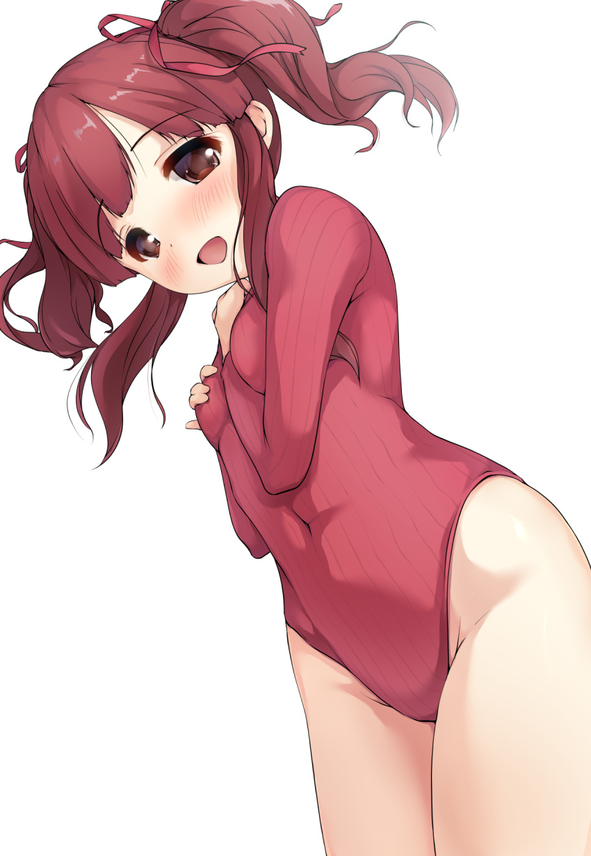 1girl :d bangs blush breasts brown_eyes brown_hair commentary_request covered_navel eyebrows_visible_through_hair groin hair_ribbon hands_up highleg highres idolmaster idolmaster_cinderella_girls kuroba_aki long_hair long_sleeves looking_at_viewer medium_breasts ogata_chieri open_mouth red_ribbon red_sweater ribbed_sweater ribbon sidelocks simple_background smile solo sweater turtleneck_leotard twintails white_background