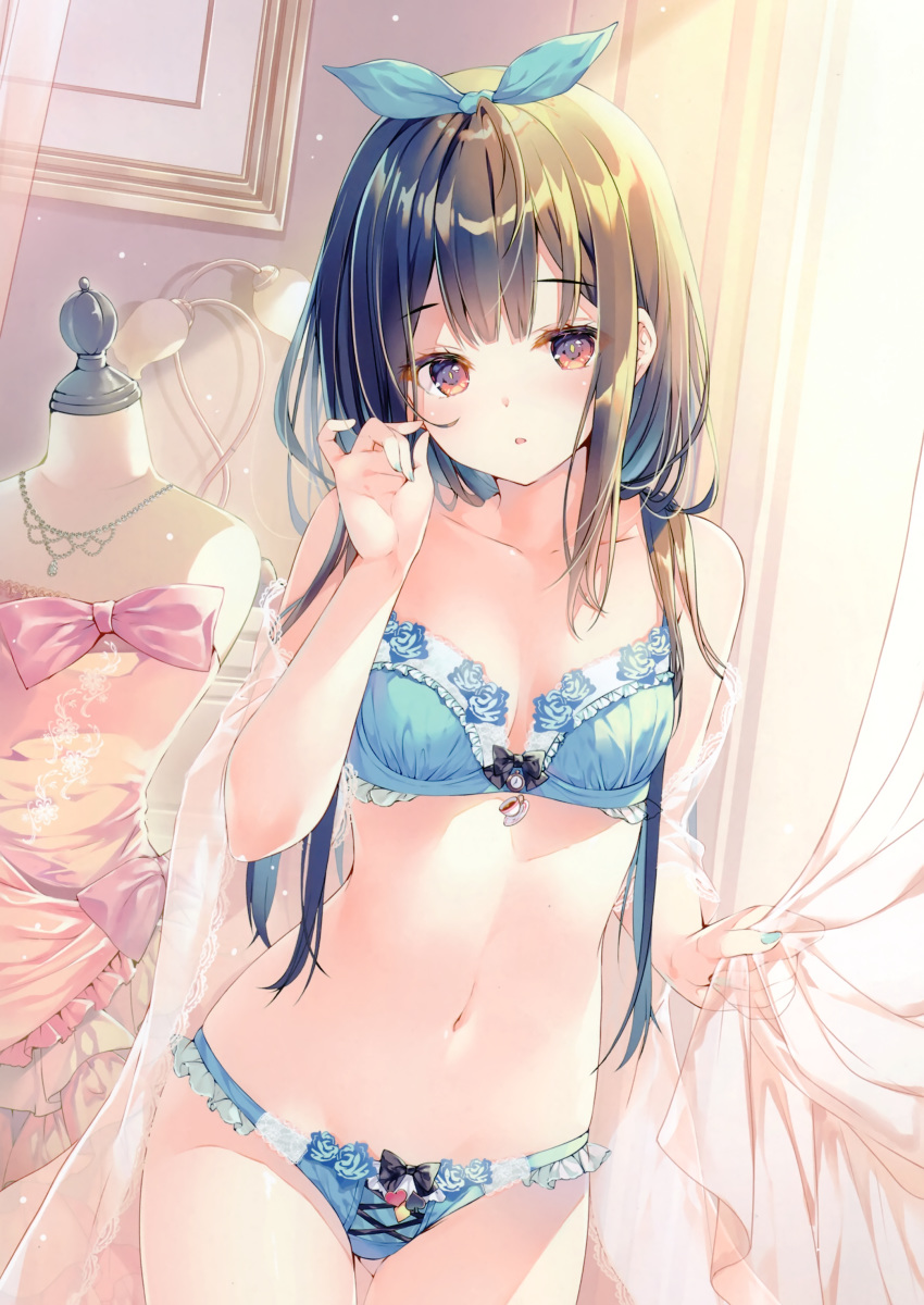 1girl absurdres bangs bare_shoulders blue_bra blue_nails blue_panties blush bow bra breasts brown_eyes brown_hair collarbone curtains dress eyebrows_visible_through_hair fingernails frills hair_bow highres holding indoors jewelry long_hair looking_at_viewer miwabe_sakura nail_polish navel necklace open_mouth original panties pink_dress scan shiny shiny_hair shiny_skin simple_background solo stomach underwear