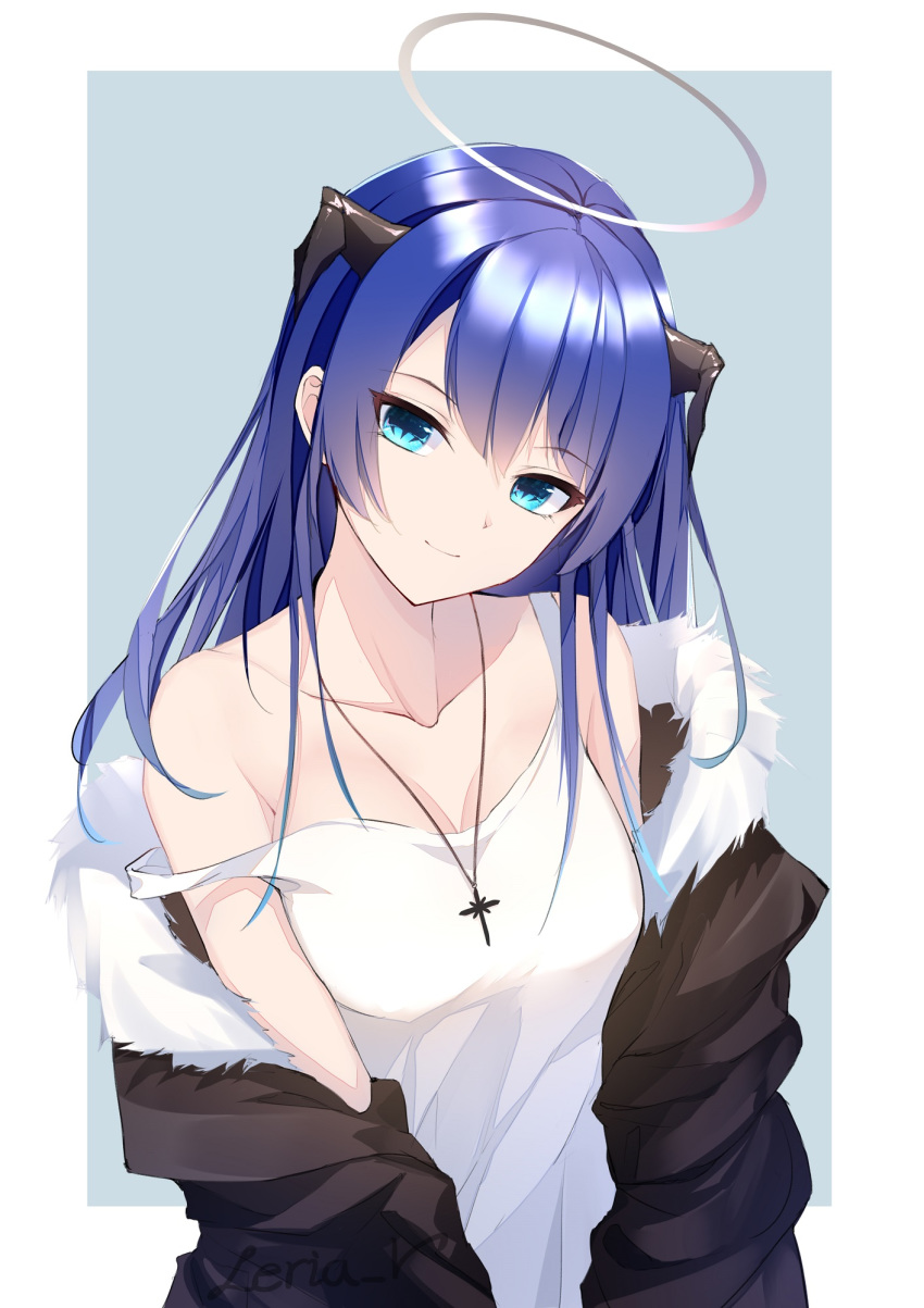 1girl arknights bare_shoulders black_coat blue_background blue_eyes blue_hair border breasts cleavage closed_mouth coat collarbone commentary_request cross cross_necklace fur-trimmed_coat fur_trim halo head_tilt highres horns jewelry leria_v long_hair looking_at_viewer medium_breasts mostima_(arknights) necklace off_shoulder open_clothes open_coat outside_border simple_background smile solo strap_slip tank_top upper_body very_long_hair white_border