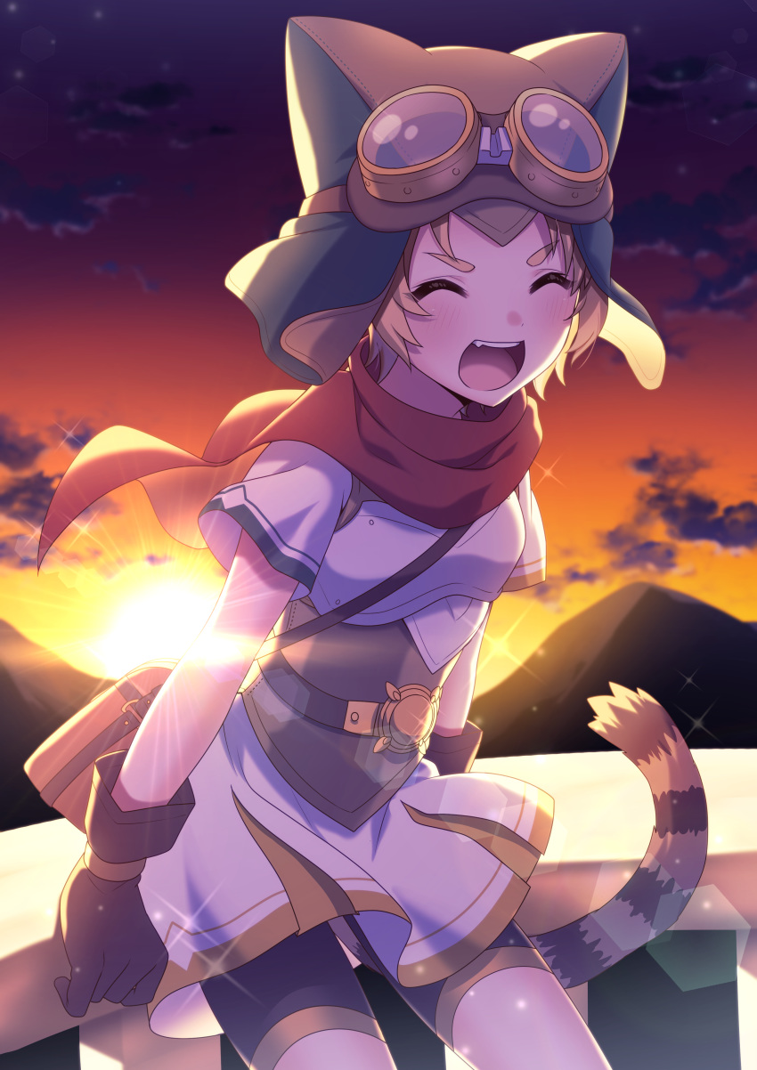 1girl :d ^_^ absurdres animal_hat arm_support bike_shorts black_gloves black_shorts blurry blurry_background blush breastplate breasts brown_hair brown_headwear cape closed_eyes commentary_request depth_of_field fang gloves goggles goggles_on_head hat highres ichiren_namiro mountain on_railing open_mouth orihara_matsuri outdoors pleated_skirt princess_connect! princess_connect!_re:dive red_cape shirt short_hair short_shorts short_sleeves shorts shorts_under_skirt sitting sitting_on_railing skirt small_breasts smile solo sparkle striped_tail sun sunset tail upper_teeth v-shaped_eyebrows white_shirt white_skirt