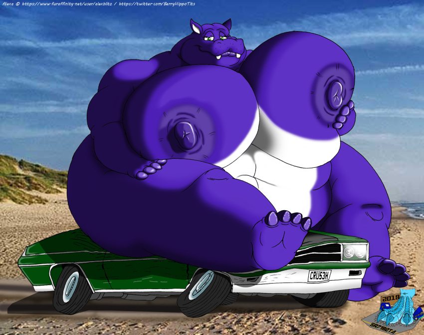 alexa anthro beach belly big_(disambiguation) big_breasts breasts car common_hippopotamus crush female heavy hi_res hippopotamid huge_breasts hyper hyper_breasts invalid_color invalid_tag mammal seaside sitting solo sr71beta ssbbw vehicle