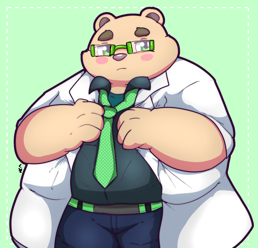 2019 anthro blush bottomwear clothing eyewear glasses green_eyes hi_res humanoid_hands kusosensei leib_(tas) male mammal necktie overweight overweight_male pants polar_bear shirt solo tokyo_afterschool_summoners topwear ursid ursine video_games