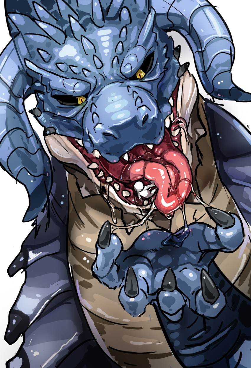 2019 5_fingers ambiguous/ambiguous ambiguous_gender ambiguous_pred ambiguous_prey big_horns big_tongue biped black_sclera blue_body blue_scales blue_skin bodily_fluids claws detailed digital_drawing_(artwork) digital_media_(artwork) dragon drooling duo faceless_character fangs fingers front_view hi_res hiore horn human in_mouth looking_at_another macro mammal micro nude open_mouth oral_vore saliva saliva_drip saliva_string scales scalie sharp_teeth simple_background sitting size_difference soft_vore solo_focus spikes standing teeth tongue tongue_out vore wet white_background yellow_body yellow_scales