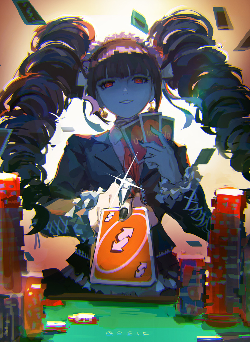 1girl black_hair black_nails bonnet card celestia_ludenberck commentary danganronpa danganronpa_1 directional_arrow drill_hair earrings frills gothic_lolita hairband highres holding holding_card jewelry lolita_fashion long_hair looking_at_viewer nail_polish necktie playing_card poker_chip qosic red_eyes smile solo twin_drills twintails uno_(game) very_long_hair