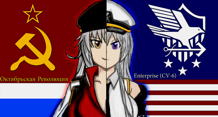 absurdres america azur_lane bird breasts cold_war eagle enterprise_(azur_lane) flag gangut_(kantai_collection) hat highres kantai_collection military military_hat peaked_cap soviet soviet_flag united_states