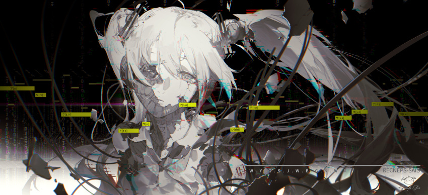 1girl android artist_name bangs closed_mouth colored_skin commentary eyebrows_behind_hair floating_hair glitch grey_eyes hair_between_eyes hatsune_miku hatsune_miku_no_shoushitsu_(vocaloid) highres long_hair looking_at_viewer mechanical_parts signature solo spencer_sais twintails upper_body vocaloid white_hair white_skin