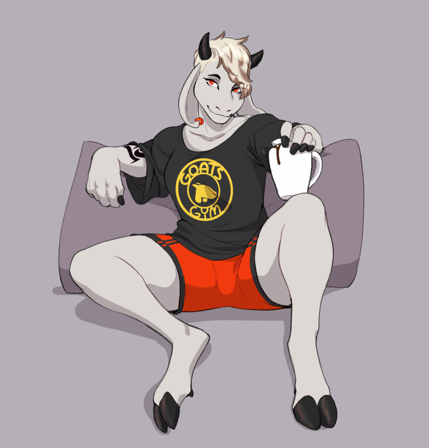 2019 anthro beverage bottomwear bovid caprine clothing cosmicminerals ear_piercing female fur goat hair hi_res horn hot_cocoa looking_at_viewer mammal piercing shirt shorts smile solo tattoo topwear vasira