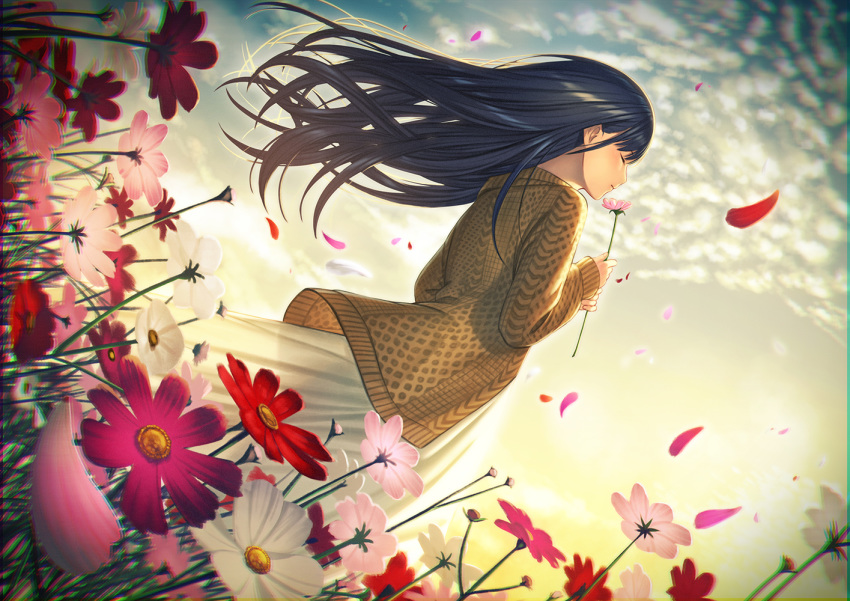 1girl aran_sweater black_hair blurry brown_sweater chromatic_aberration closed_eyes closed_mouth cloud daisy dress field fisheye flower flower_field from_side hands_up holding holding_flower kyon_(fuuran) long_hair long_sleeves original outdoors petals sky smelling_flower solo standing sweater upper_body white_dress wind