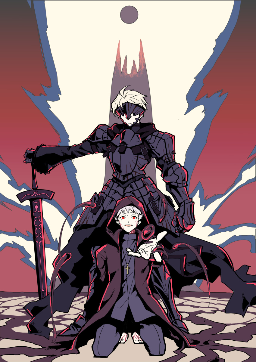 2boys absurdres armor armored_gloves arthur_(alter) arthur_pendragon_(fate) barefoot black_pants black_shirt cross cross_necklace dark_excalibur dark_persona emiya_shirou energy fate/prototype fate/stay_night fate_(series) hanahiyo_(hoimin) highres hood hood_up jewelry kneeling kotomine_shirou_(fanfic) limited_palette long_sleeves looking_at_viewer male_focus mask multiple_boys necklace outstretched_hand pale_skin pants platinum_blonde_hair red_eyes shirt silver_hair