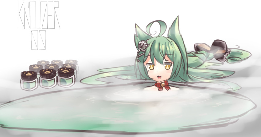 1girl ahoge akashi_(azur_lane) animal_ears artist_name azur_lane bangs bath bathing bell bell_choker black_bow bow braided_ponytail cat_ears choker commentary english_commentary eyebrows_visible_through_hair fang green_hair hair_bow highres jar kreuzer_00 long_hair long_ponytail mole mole_under_eye onsen open_mouth ribbon_choker signature solo submerged yellow_eyes