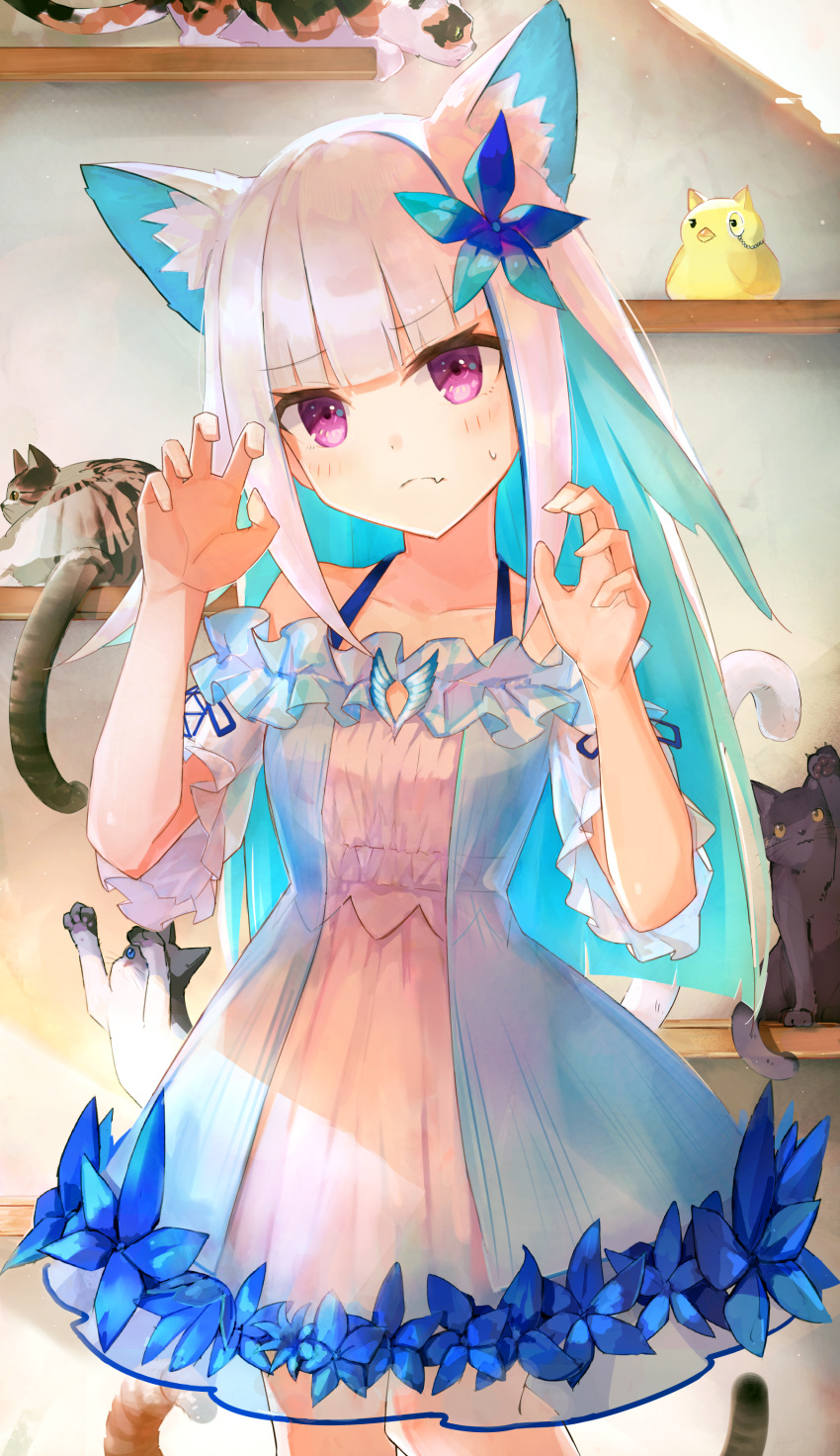 1girl absurdres animal_ear_fluff animal_ears bangs bare_shoulders blue_flower blunt_bangs blush cat cat_ears cat_tail collarbone colored_inner_hair dress extra_ears eyebrows_visible_through_hair fang flower frown hair_flower hair_ornament hands_up highres indoors lize_helesta long_hair looking_at_viewer multicolored_hair nijisanji off-shoulder_dress off_shoulder paw_pose puffy_short_sleeves puffy_sleeves purple_eyes sebastian_piyodore short_sleeves skin_fang standing striped t6_ti tail two-tone_hair vertical-striped_dress vertical_stripes virtual_youtuber white_hair