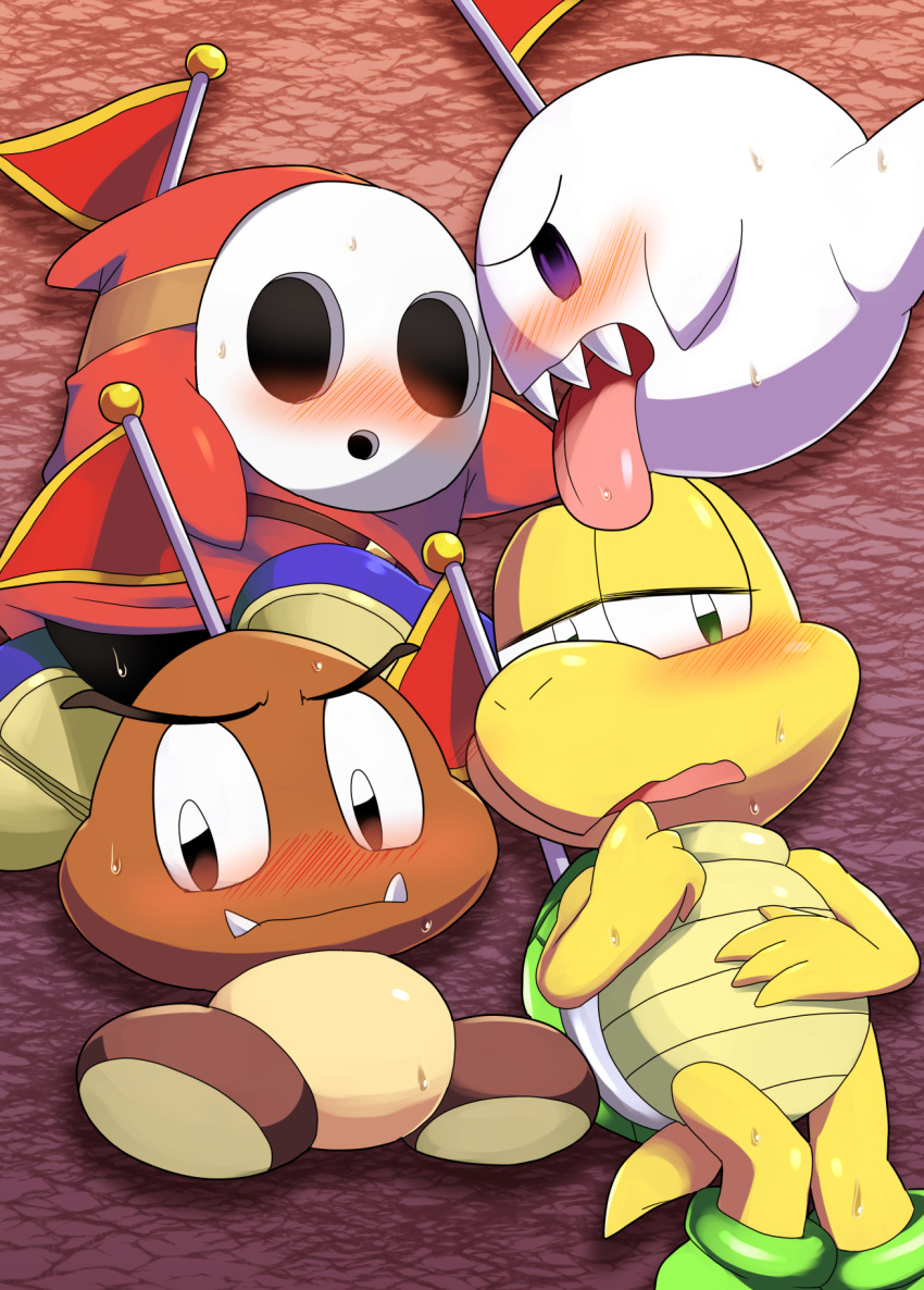 bakudanarare blush bodily_fluids boo_(mario) captain_boo captain_goomba captain_koopa_troopa captain_shy_guy clothing flag footwear goomba hi_res koopa looking_at_viewer lying mario_bros mask nervous nintendo open_mouth scalie shell shoes shyguy sweat tongue tongue_out video_games