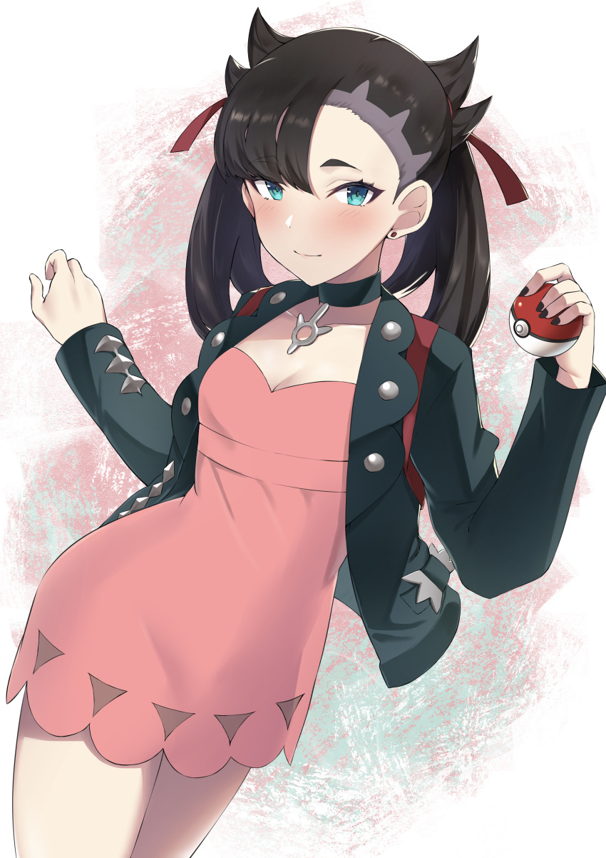 1girl absurdres asymmetrical_bangs asymmetrical_hair bangs black_jacket black_nails blue_eyes blush breasts choker cleavage dress ear_piercing fujitsubo_(hujitubo0731) hair_ribbon highres holding holding_poke_ball jacket long_hair long_sleeves looking_at_viewer mary_(pokemon) medium_breasts piercing pink_dress poke_ball pokemon pokemon_(game) pokemon_swsh red_ribbon ribbon smile solo thighs twintails undercut