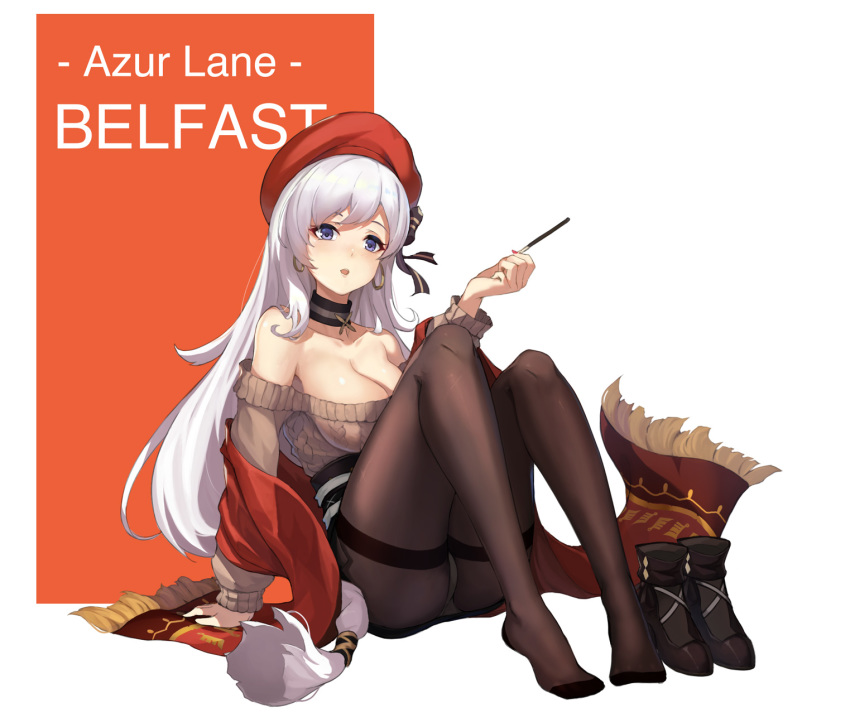 1girl aran_sweater arm_support azur_lane belfast_(azur_lane) belfast_(shopping_with_the_head_maid)_(azur_lane) beret blush boots breasts brown_sweater character_name choker cleavage collarbone earrings food footwear_removed full_body hat highres holding holding_food hoop_earrings jewelry large_breasts long_hair looking_at_viewer off-shoulder_sweater off_shoulder panties panties_under_pantyhose pantyhose pocky purple_eyes silver_hair sitting skirt smile solo sweater thighband_pantyhose underwear vococo white_panties