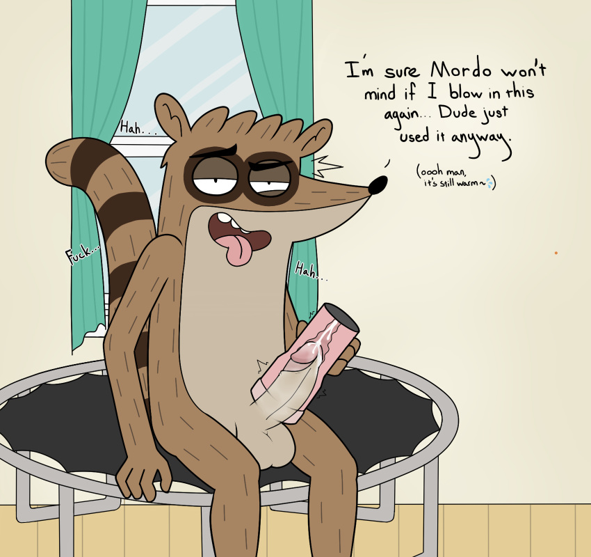 balls bodily_fluids cartoon_network cum dialogue erection genital_fluids hi_res humanoid_penis male mammal mezzanine_(artist) penetrable_sex_toy penis procyonid raccoon regular_show rigby_(regular_show) sex_toy solo