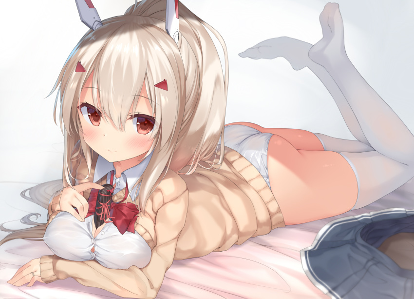 anthropomorphism ass ayanami_(azur_lane) azur_lane blonde_hair blush bow breast_hold fujieda_uzuki gradient long_hair no_bra panties ponytail red_eyes school_uniform skirt thighhighs underwear valentine