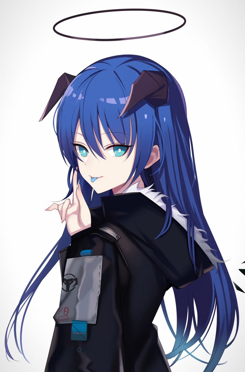 1girl arknights ateoyh black_jacket blue_eyes blue_hair blue_tongue bright_pupils closed_mouth from_side fur-trimmed_jacket fur_trim halo highres hood hood_down hooded_jacket horns index_finger_raised jacket long_hair looking_at_viewer looking_to_the_side mostima_(arknights) smile tongue tongue_out upper_body white_background