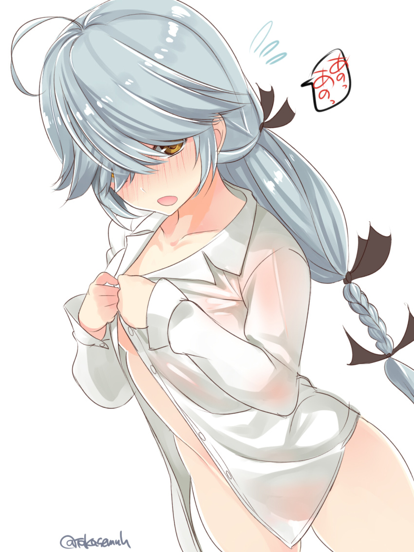 1girl ahoge black_ribbon blush braid buttons collarbone cowboy_shot flying_sweatdrops grey_hair groin hair_over_eyes hair_ribbon hamanami_(kantai_collection) highres kantai_collection long_hair long_sleeves looking_at_viewer naked_shirt no_bra no_panties open_mouth ribbon shirt single_braid solo spoken_sweatdrop sweatdrop takase_muu thighs twitter_username white_shirt