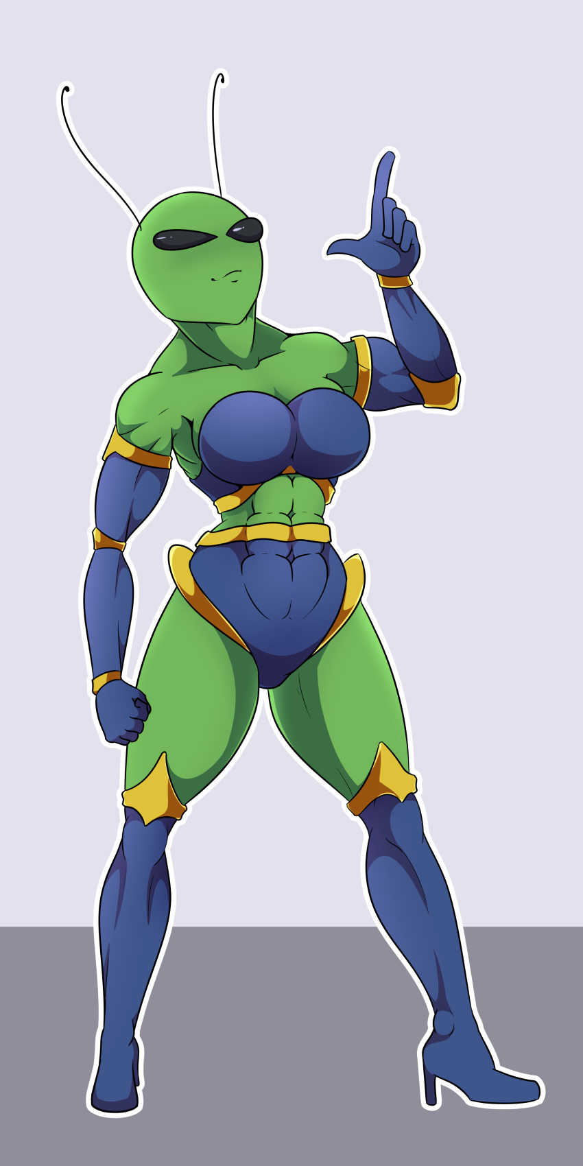 2019 absurd_res alien breasts clothed clothing digital_media_(artwork) female green_body green_skin hi_res humanoid muscular not_furry science_fiction simple_background solo standing standing_tough