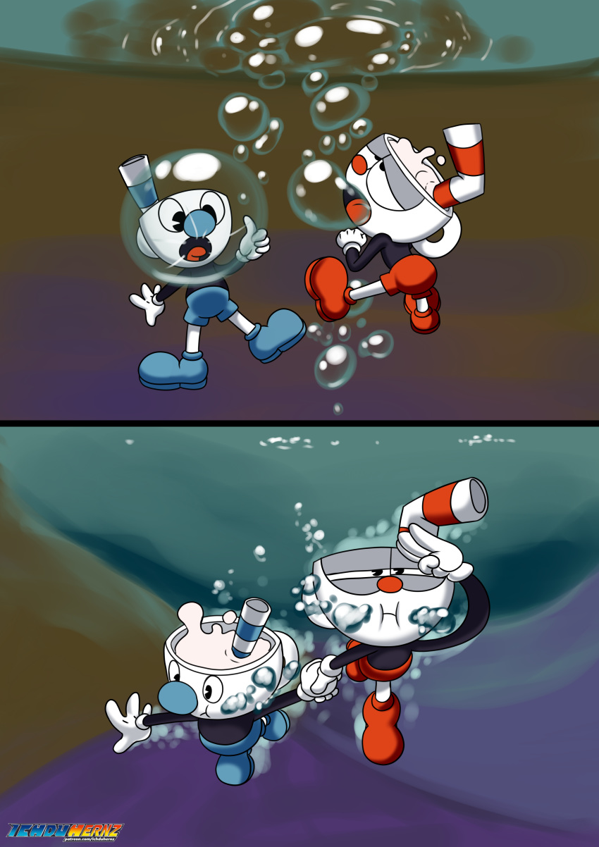 absurd_res air_bubbles cuphead_(character) cuphead_(game) hi_res holding_breath ichduhernz labyrinth mugman swim_(disambiguation) swimming underwater video_games water