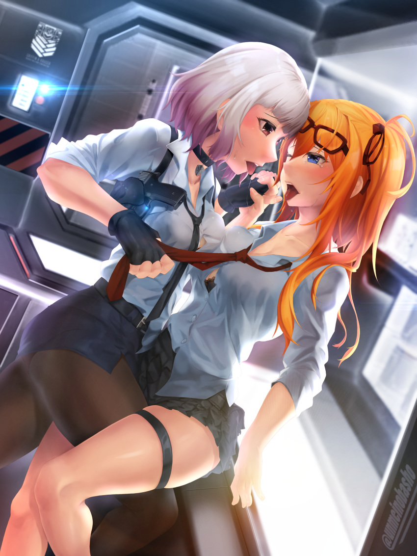 2girls absurdres blue_eyes blush bra choker cleavage_cutout desk eyewear_on_head fingerless_gloves gentiane_(girls_frontline) girls_frontline glasses gloves grifon&amp;kryuger gun handgun highlights highres holding_hands holding_necktie holster holstered_weapon kalina_(girls_frontline) kiss miniskirt multicolored_hair multiple_girls necktie office orange_hair pantyhose purple_hair red_eyes ruffled_skirt side_ponytail skirt teardrop tongue tongue_out underwear unmeinobasho weapon white_hair yuri