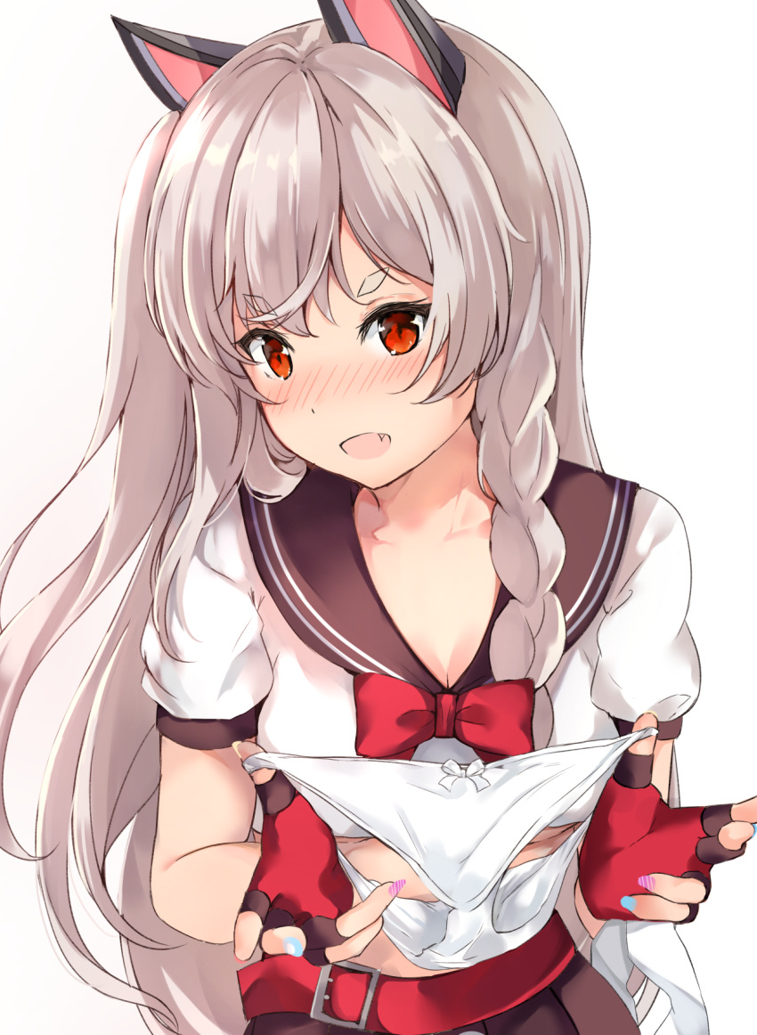 1girl animal_ears azur_lane bangs belt blush bow braid brown_skirt collarbone commentary_request crop_top dot_nose eyebrows_visible_through_hair fake_animal_ears fang fingerless_gloves gloves grey_hair highres holding holding_panties long_hair looking_at_viewer midriff nail_polish nose_blush open_mouth panties pleated_skirt ponyaru red_belt red_bow red_eyes red_gloves school_uniform serafuku short_eyebrows short_sleeves simple_background skirt solo thick_eyebrows underwear upper_body white_background white_bow white_panties yuudachi_(azur_lane)