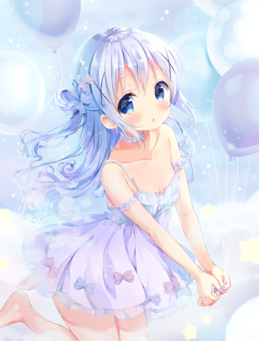 1girl absurdres balloon bangs bare_arms bare_shoulders barefoot blue_bow blue_eyes blue_hair blush bow brown_bow commentary_request dress eyebrows_visible_through_hair fingernails gochuumon_wa_usagi_desu_ka? gradient_hair hair_between_eyes hair_bow hair_ornament highres holding holding_balloon kafuu_chino kneeling long_hair multicolored_hair nail_polish neki_(wakiko) one_side_up parted_lips pleated_dress purple_dress purple_hair purple_nails solo star two_side_up very_long_hair x_hair_ornament