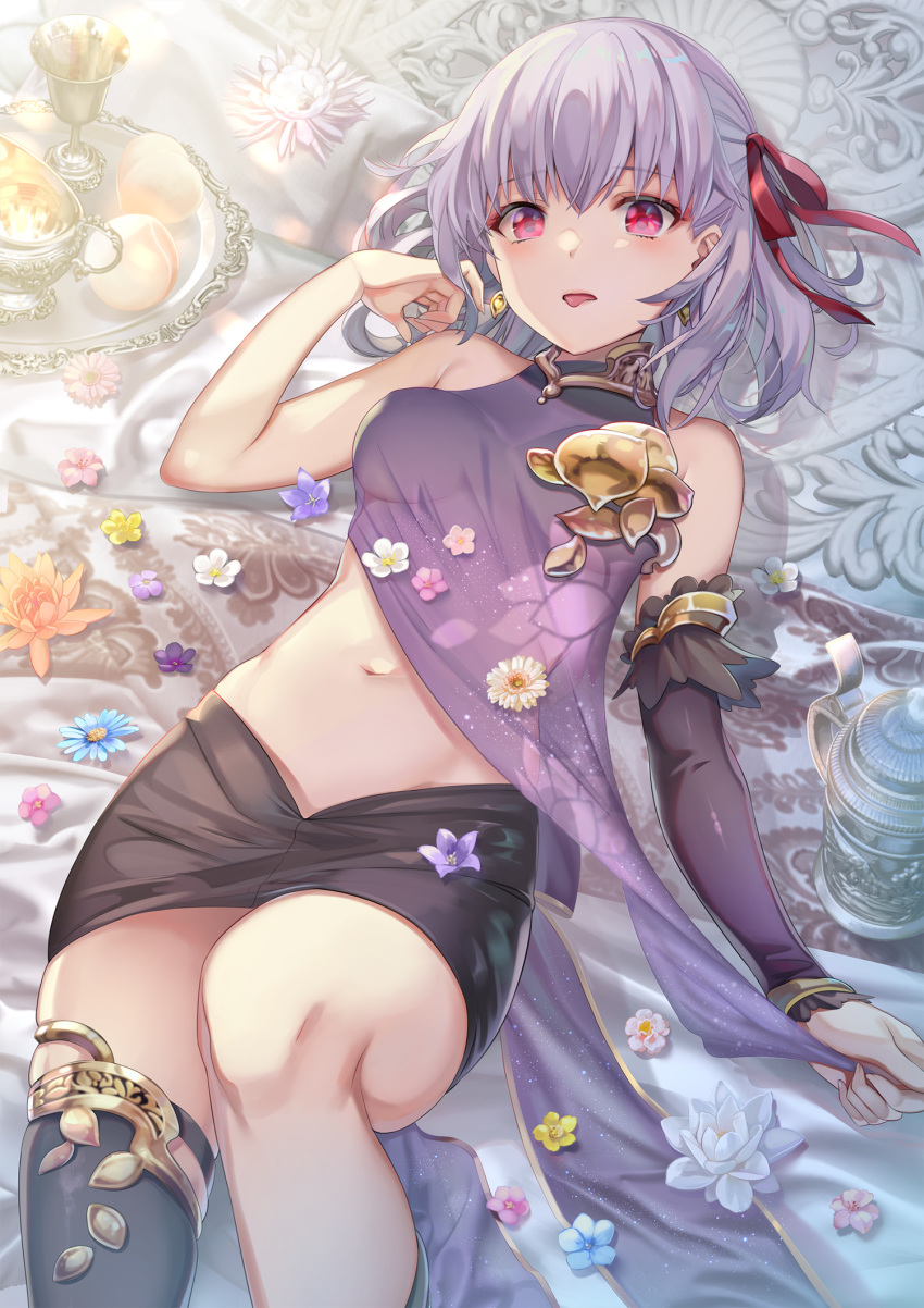 1girl bangs bare_shoulders black_legwear black_skirt blush breasts cup dress earrings fate/grand_order fate_(series) flower food fruit hair_ribbon highres jewelry kama_(fate/grand_order) knee_up looking_at_viewer lying navel on_back open_mouth peach pelvic_curtain purple_dress purple_legwear purple_sleeves red_eyes red_ribbon ribbon short_hair silver_hair single_thighhigh skirt small_breasts solo thighhighs thighlet thighs tongue tongue_out torino_akua tray