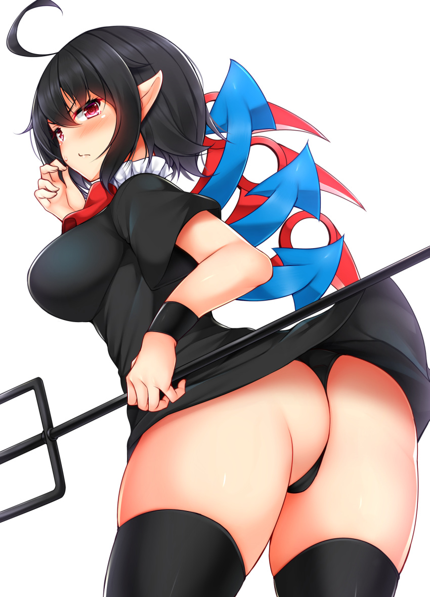 1girl ahoge ass asymmetrical_wings bangs black_dress black_hair black_legwear black_panties blue_wings blush bow bowtie breasts commentary_request dress hair_between_eyes highres holding houjuu_nue large_breasts looking_at_viewer panties pantyshot pantyshot_(standing) pointy_ears polearm red_bow red_eyes red_neckwear red_wings short_dress short_hair short_sleeves sidelocks simple_background solo standing thighhighs thighs tokoya_(ex-hetare) touhou trident underwear v-shaped_eyebrows weapon white_background wings wristband