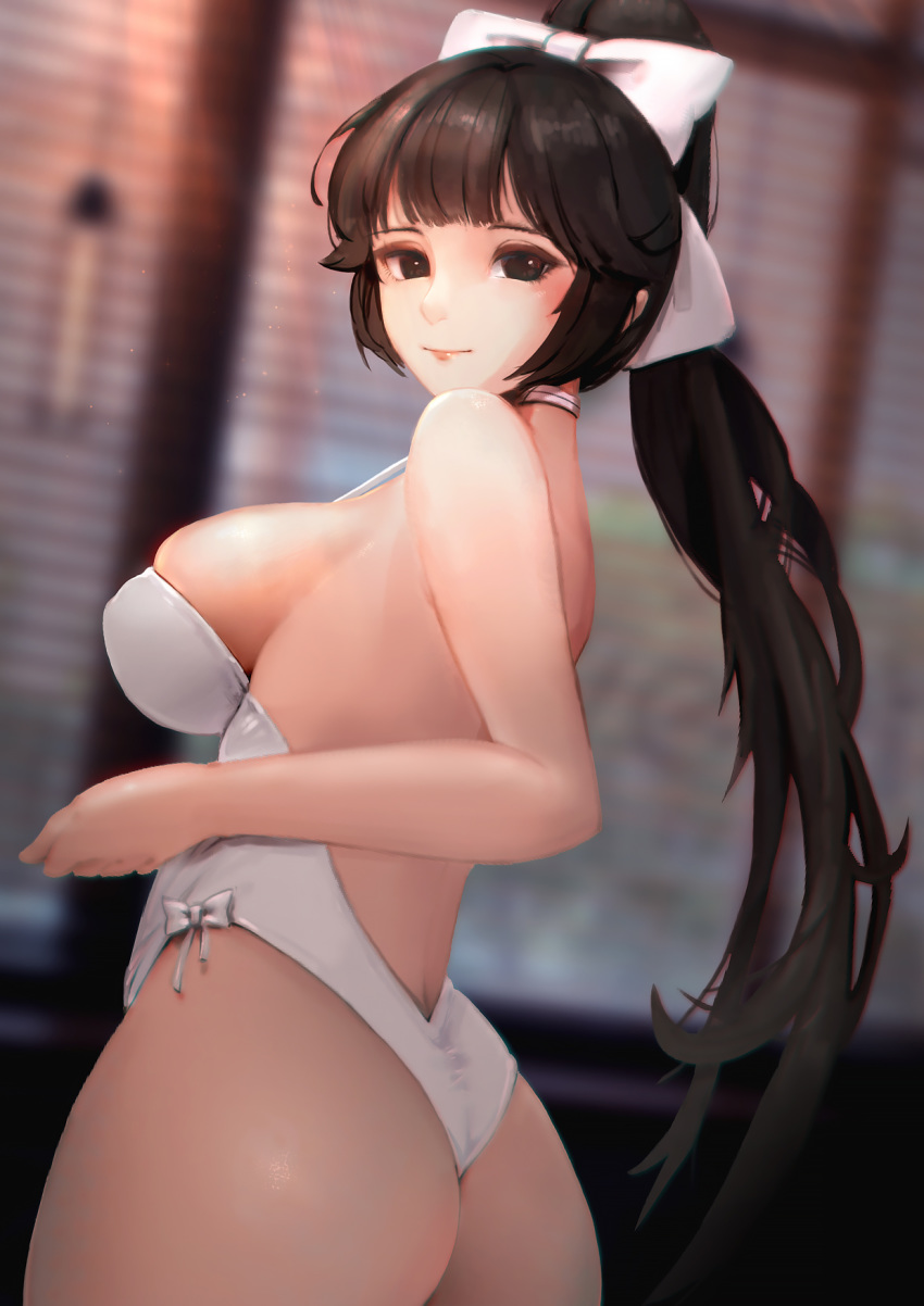 1girl aduo ass azur_lane bangs black_hair blush bow breasts brown_eyes cowboy_shot from_behind hair_bow hair_flaps highres large_breasts long_hair looking_at_viewer looking_back ponytail skindentation smile solo takao_(azur_lane) twisted_torso very_long_hair white_bow