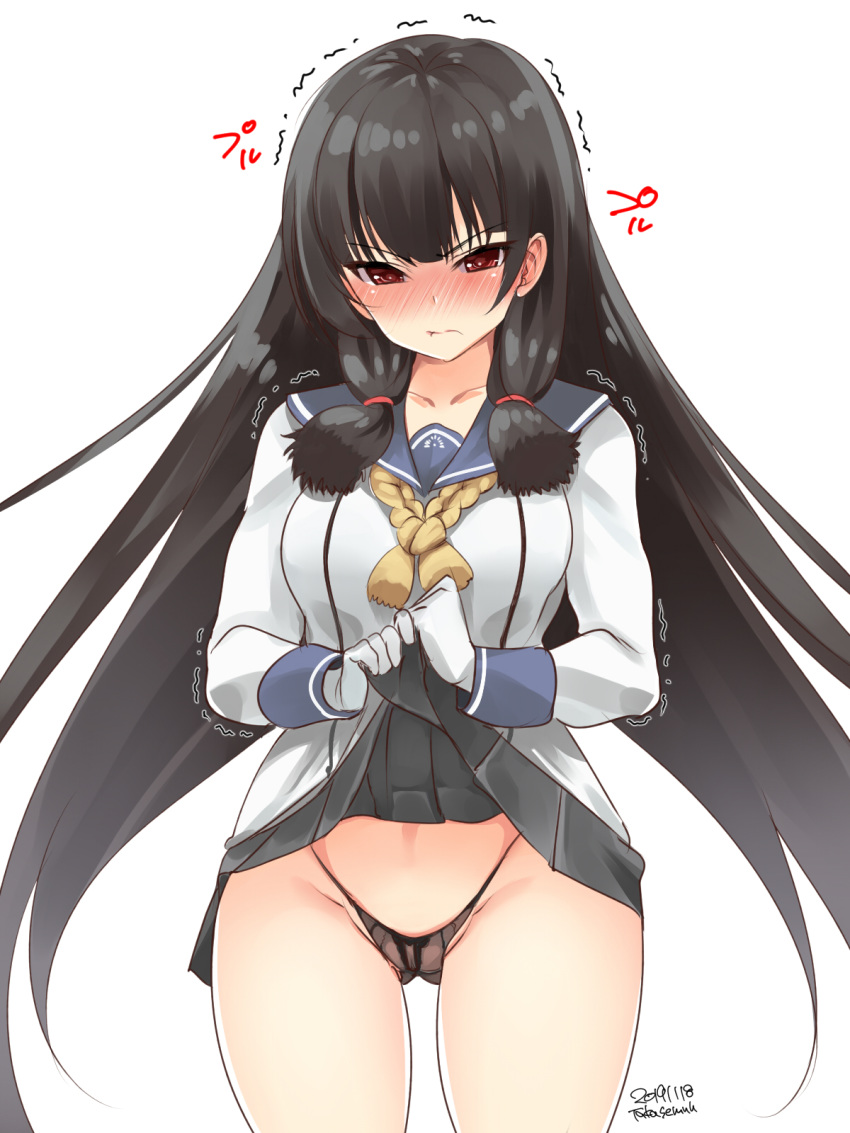 1girl ass_visible_through_thighs black_hair black_panties black_skirt blush breasts collarbone cowboy_shot gloves hair_ribbon highleg highleg_panties highres isokaze_(kantai_collection) kantai_collection lifted_by_self long_hair long_sleeves medium_breasts nose_blush panties pleated_skirt red_eyes ribbon school_uniform serafuku sheer_panties shirt simple_background skirt skirt_lift solo takase_muu tress_ribbon underwear white_background white_gloves white_shirt yellow_neckwear