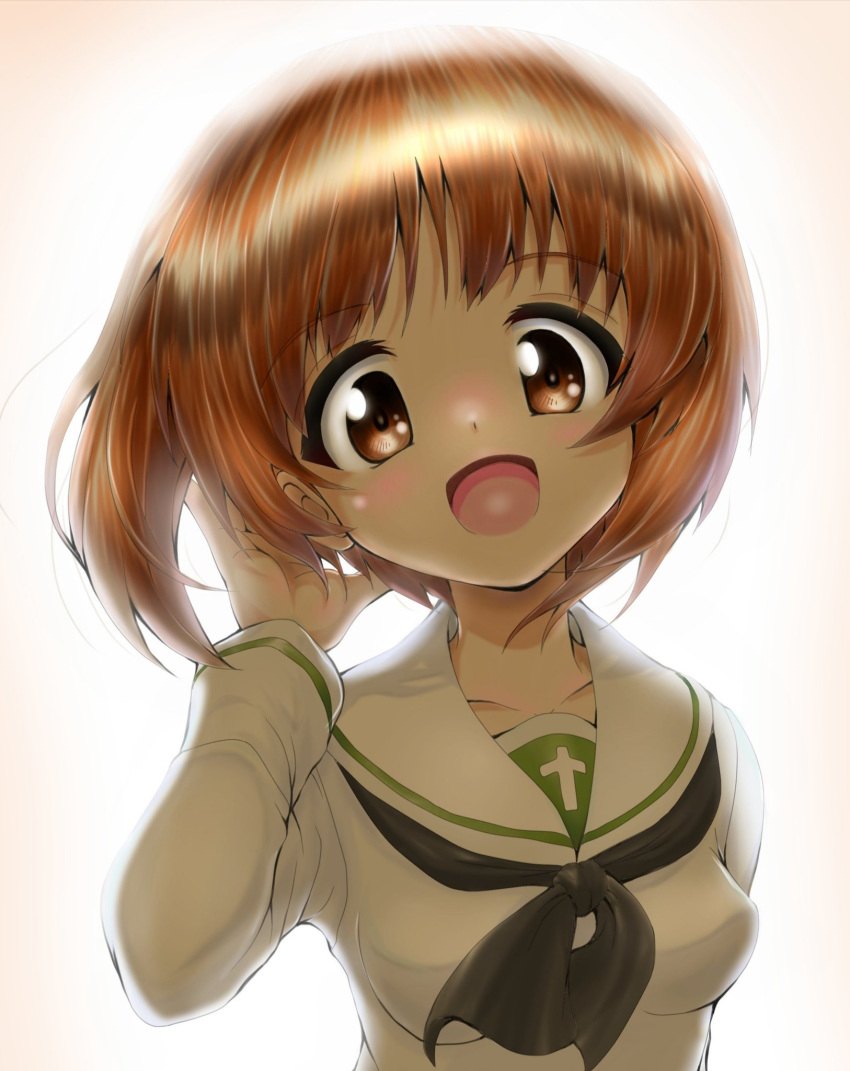 1girl :d backlighting bangs black_neckwear blouse brown_eyes brown_hair commentary daxz240r eyebrows_visible_through_hair girls_und_panzer hand_in_hair highres long_sleeves looking_at_viewer neckerchief nishizumi_miho ooarai_school_uniform open_mouth school_uniform serafuku short_hair smile solo upper_body white_background white_blouse