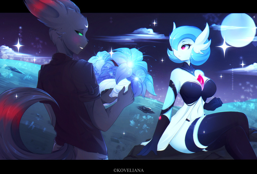 2019 anthro breasts cassandra_(koveliana) clothed clothing cloud digital_media_(artwork) duo eeveelution female flower full_moon gardevoir hi_res humanoid koveliana male moon night nintendo plant pok&eacute;mon pok&eacute;mon_(species) shiny_pok&eacute;mon sky star starry_sky umbreon video_games