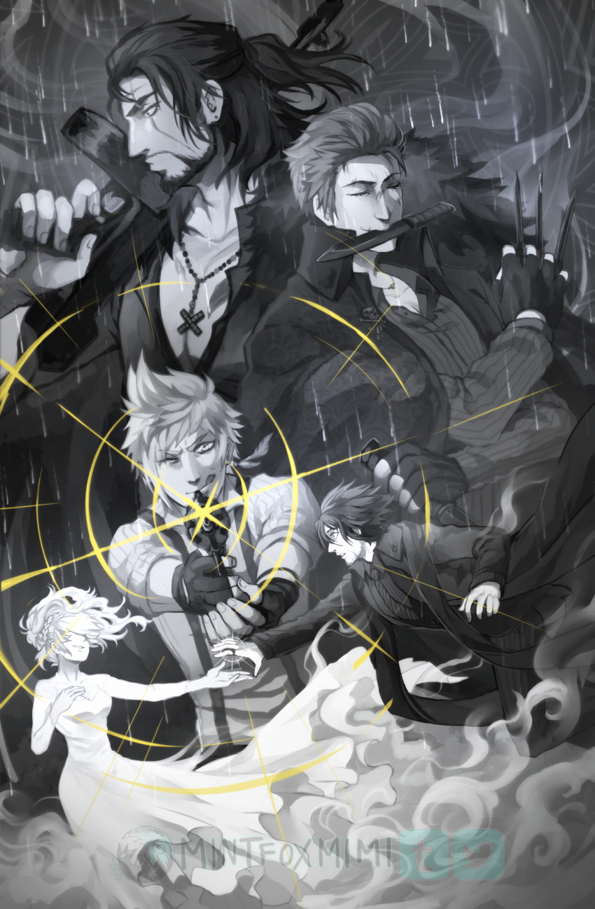4boys aiming_at_viewer alternate_universe beard dagger dress facial_hair final_fantasy final_fantasy_xv fingerless_gloves formal gladiolus_amicitia gloves gun handgun highres ignis_scientia jacket_on_shoulders jewelry lens_flare licking_lips looking_at_viewer lunafreya_nox_fleuret mintfoxmimi monochrome mouth_hold multiple_boys noctis_lucis_caelum noir_(theme) over_shoulder ponytail prompto_argentum rain revolver ring scar scarf short_hair smoke spiked_hair spot_color submachine_gun suit suspenders thompson_submachine_gun tongue tongue_out weapon weapon_over_shoulder