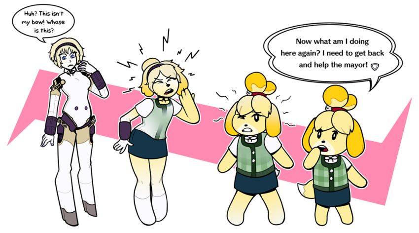 2019 aigis_(persona) animal_crossing anthro artist-chan atlus blonde_hair bottomwear bow_tie breasts canid canine canis clenched_teeth clothing dialogue domestic_dog eyes_closed female hair humanoid humanoid_to_anthro isabelle_(animal_crossing) machine mammal megami_tensei megami_tensei_persona mind_control nintendo open_mouth robot sequence shih_tzu simple_background skirt solo standing surprise tail_growth teeth toy_dog transformation video_games