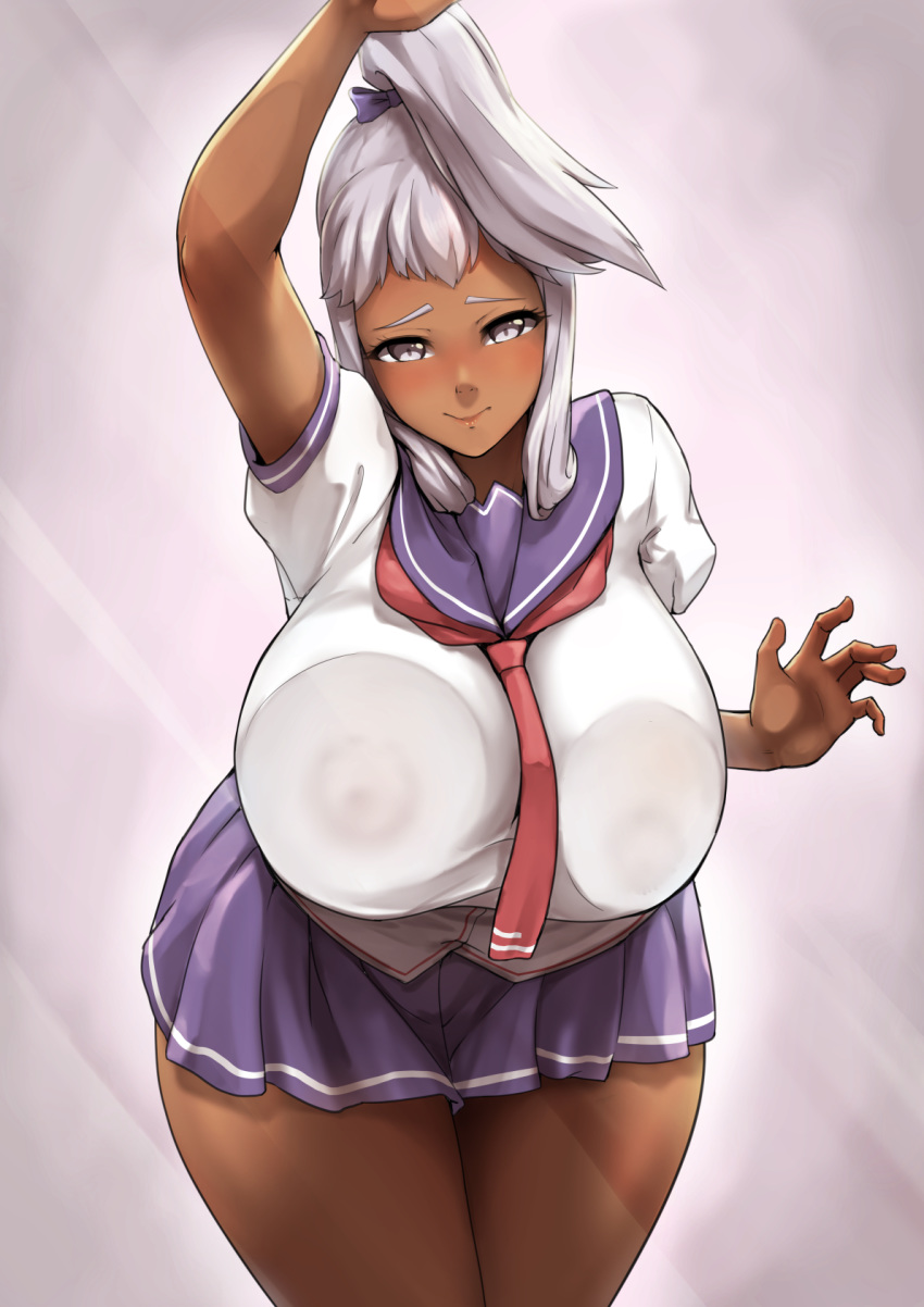 1girl against_glass akaza_chacha blush breast_press breasts breasts_on_glass dark_skin high_ponytail highres huge_breasts long_hair looking_at_viewer maken-ki! packge pink_background ponytail purple_eyes school_uniform serafuku silver_hair skirt solo thick_thighs thighs uniform wide_hips